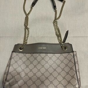 Nine West Gray Taupe Patterned Shoulder Bag with Gold Chain